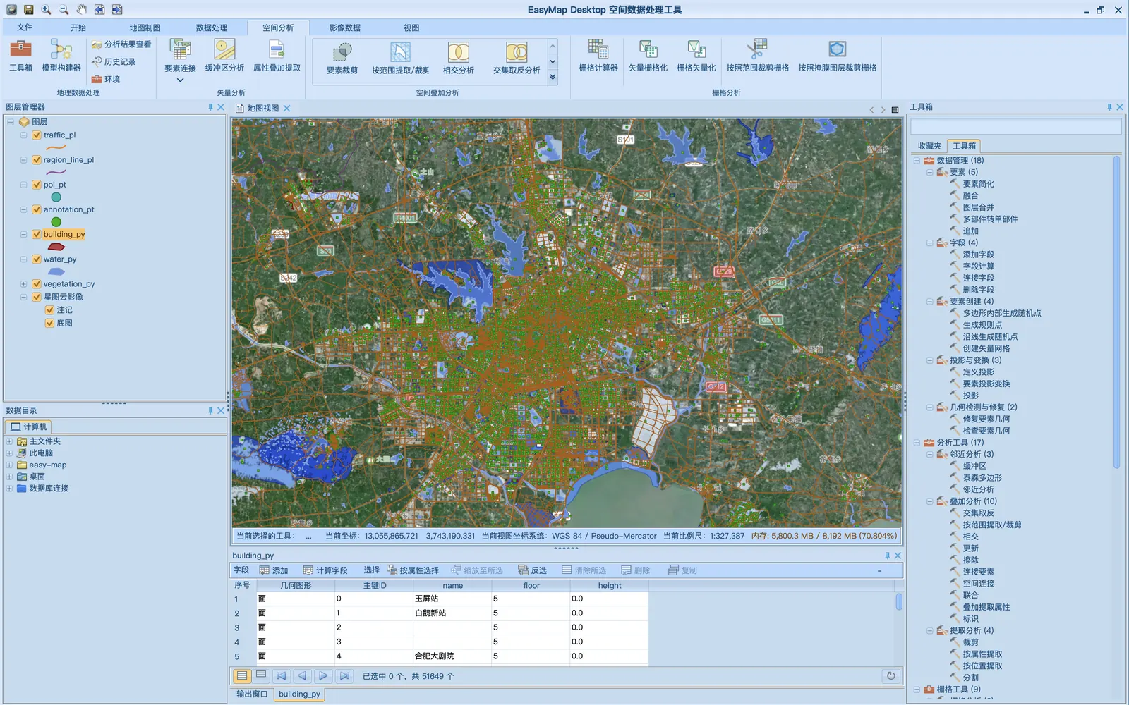 EasyMap Desktop 主界面：地图、图层管理、工具箱与属性表